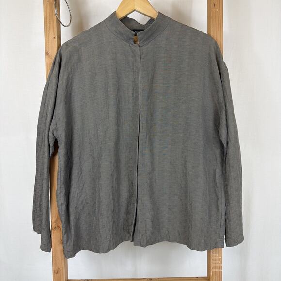 Eileen Fisher Tops - Eileen Fisher Taupe Gray High Collar Long Sleeve Button Up Top #1271 Size MED